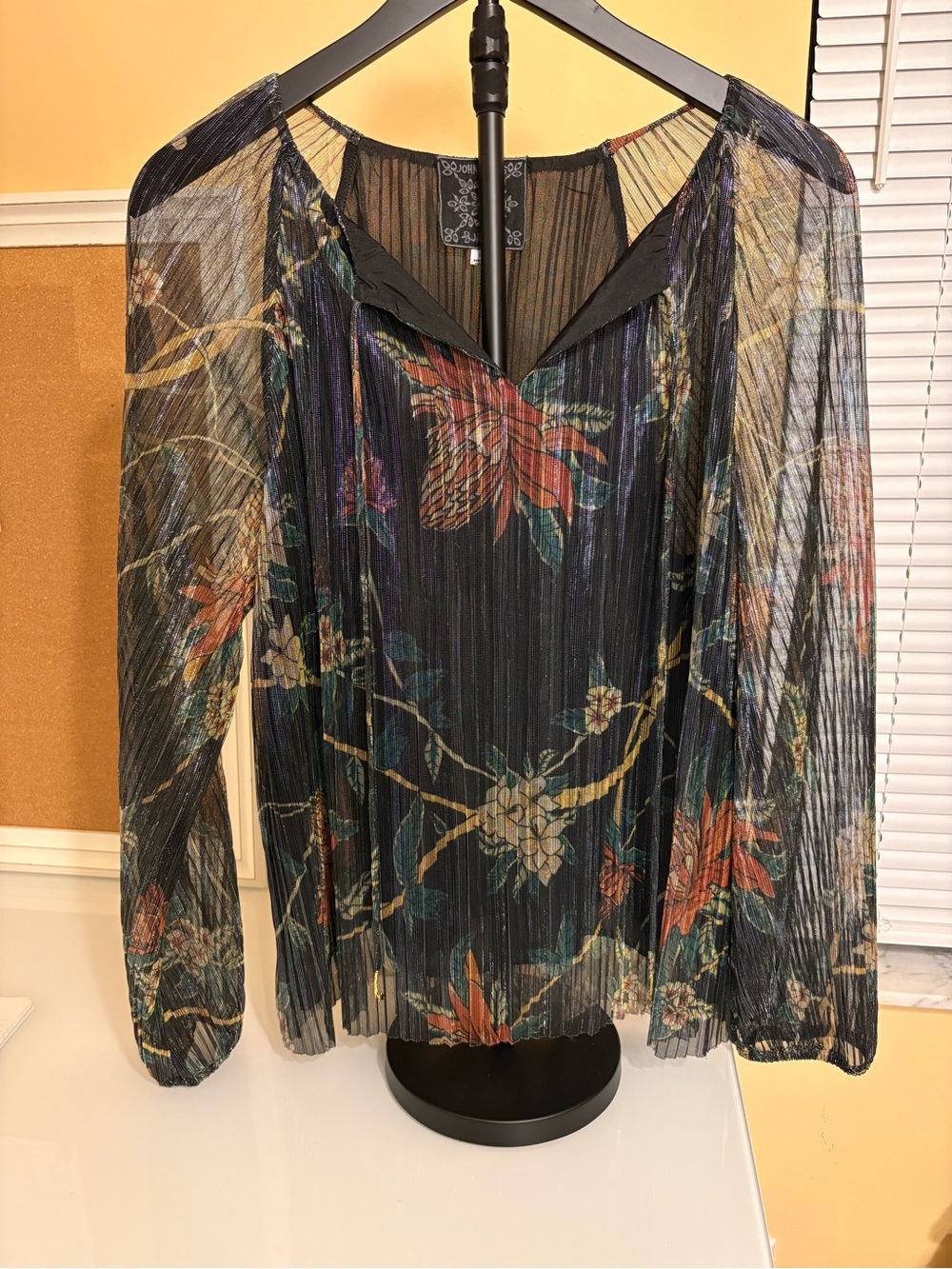 Johnny Was Black Sheer Pleated Floral Tunic with Multicolor Blooms “Evelina”